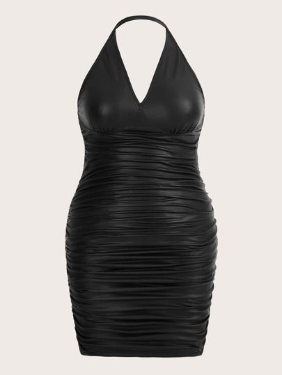 فستان ضيق ثنية رسن عنق مكشوف الظهر جلد صناعي مقاس كبير