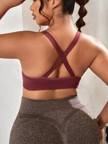 Yoga Basic Plus Solid Crisscross Back Sports Bra - Maroon - View 2