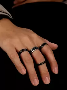 Hombres 4 piezas Anillo corona & con patrón de flecha - Negro - Ver 1