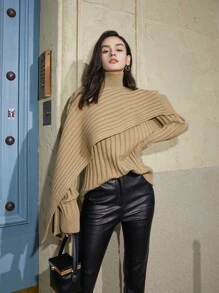 Ribbed Knit Jumper With Fake Collar - Camel - View 1