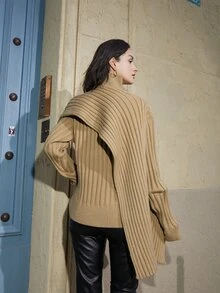 Ribbed Knit Jumper With Fake Collar - Camel - View 2