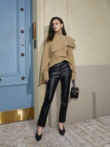Ribbed Knit Jumper With Fake Collar - Camel - View 3