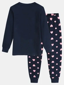 Chicas Conjunto de pijama con estampado de corazón ajustado - Azul Marino - Ver 2