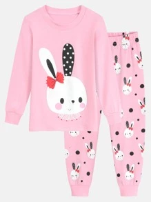 Chicas Conjunto de pijama Camiseta con estampado de conejo & Pantalones ajustado de lunares - Rosa Pálido - Ver 1