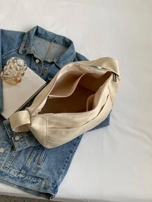 Bolso hobo de gran capacidad de lona - Beis - Ver 4