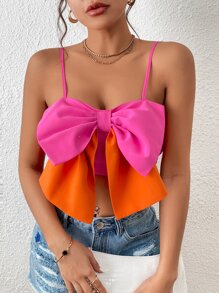 Chiquease 撞色前蝴蝶結吊帶短上衣 - 玫紅色 - 查看 5