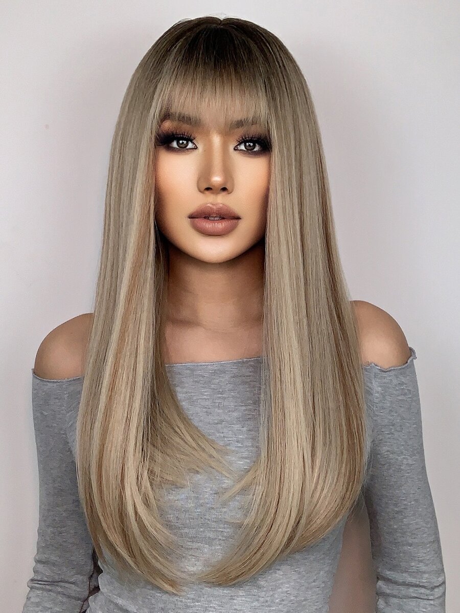 HAIRCUBE 28 英寸棕色金色假髮帶劉海長直發女式天然頭髮假髮日常使用