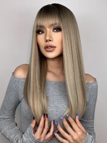 HAIRCUBE 28 英寸棕色金色假髮帶劉海長直發女式天然頭髮假髮日常使用