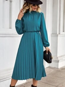 SHEIN Clasi Lantern Sleeve Pleated Hem Mock Neck Dress
