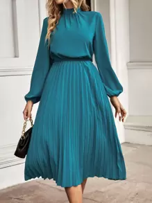 SHEIN Clasi Lantern Sleeve Pleated Hem Mock Neck Dress