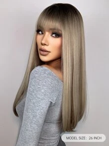 HAIRCUBE 28 英寸棕色金色假髮帶劉海長直發女式天然頭髮假髮日常使用