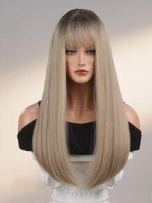 HAIRCUBE 28 英寸棕色金色假髮帶劉海長直發女式天然頭髮假髮日常使用