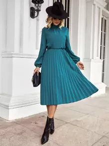 SHEIN Clasi Lantern Sleeve Pleated Hem Mock Neck Dress