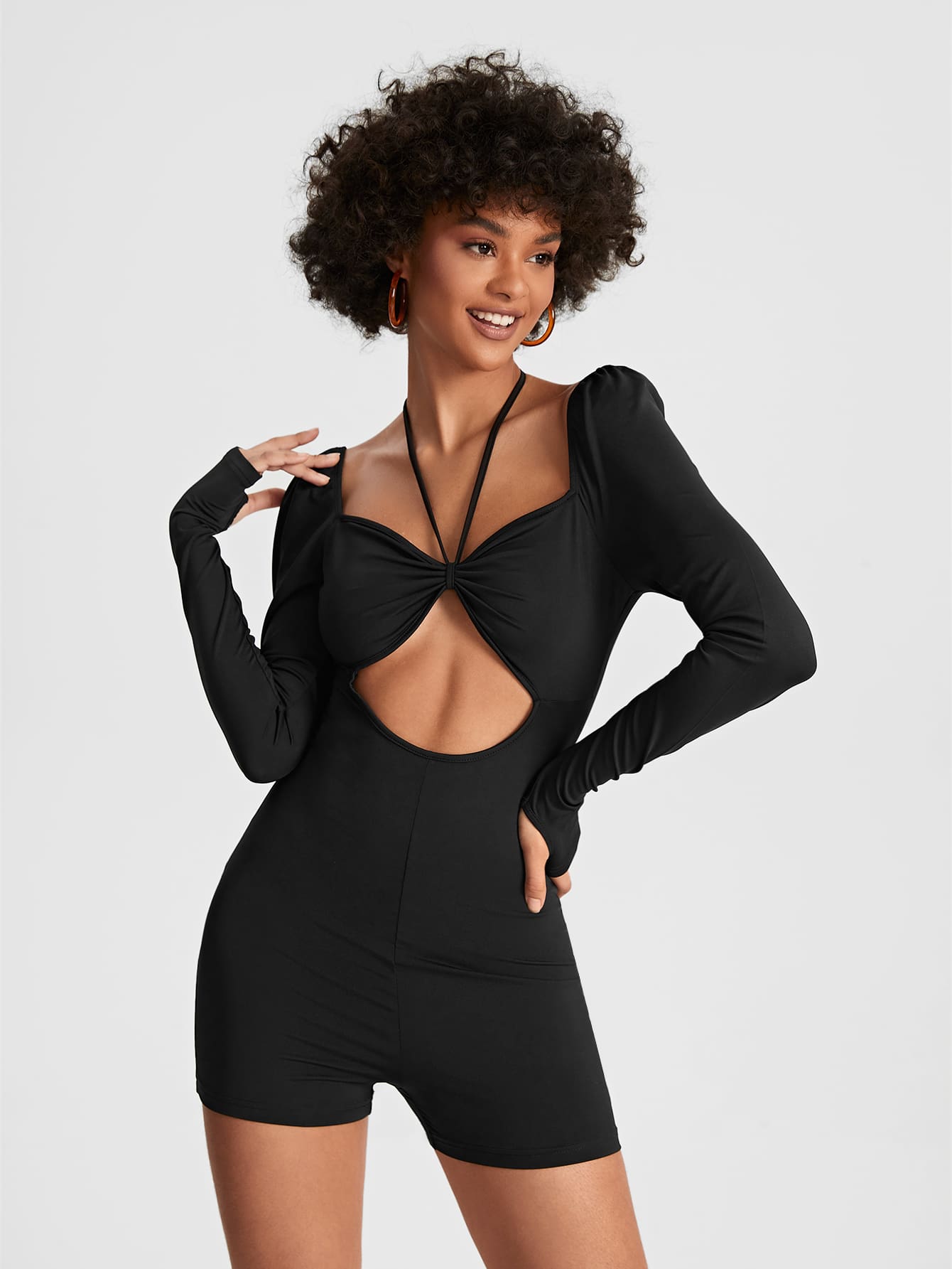 GD GRL BHVIOR Cut Out Front Halter Neck Romper - Black - View 1
