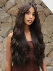 Red Natural Long Curly Wig With Bangs 28 Inch Body Wavy Heat Resistant Synthetic Wigs For Women Christmas Wigs Daily Party Use - Brown - View 4