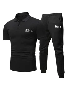 Manfinity Homme Men Letter Graphic Polo Shirt & Drawstring Waist Joggers - Black - View 1