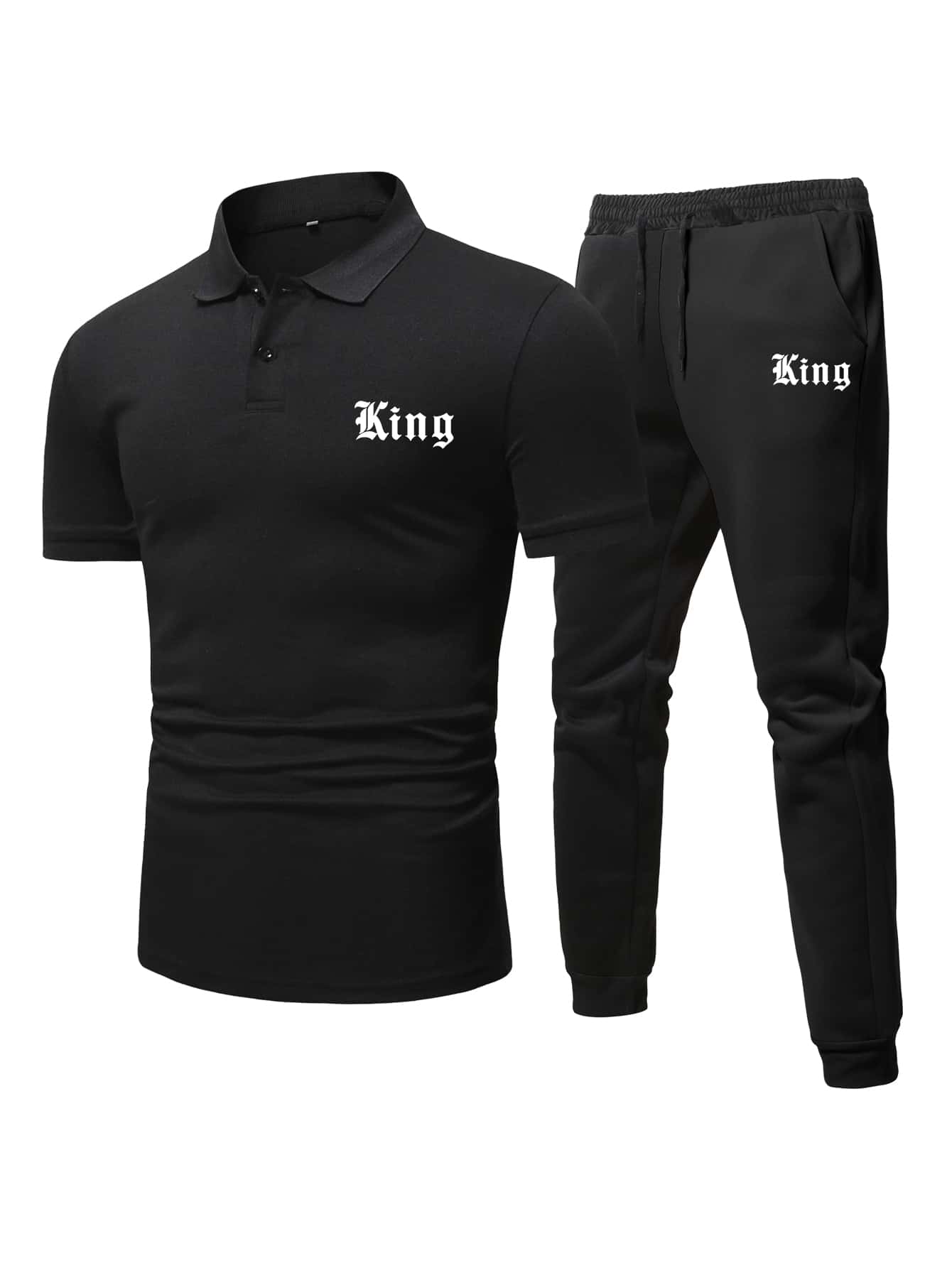Manfinity Homme Men Letter Graphic Polo Shirt & Drawstring Waist Joggers - Black - View 1