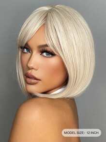 12 Inch Short Straight Hair Wig For Women, White Gold Synthetic Heat-Resistant Wig With Bangs Bob Wigs Daily Use And Christmas
