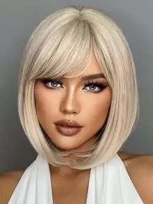 12 Inch Short Straight Hair Wig For Women, White Gold Synthetic Heat-Resistant Wig With Bangs Bob Wigs Daily Use And Christmas