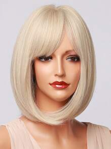 12 Inch Short Straight Hair Wig For Women, White Gold Synthetic Heat-Resistant Wig With Bangs Bob Wigs Daily Use And Christmas