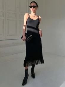 DAZY Fringe Hem Cami Jumper Dress - Black - View 6