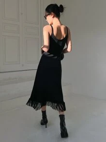 DAZY Fringe Hem Cami Jumper Dress - Black - View 2