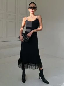 DAZY Fringe Hem Cami Jumper Dress - Black - View 4