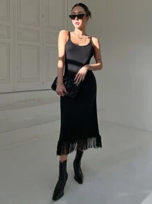 DAZY Fringe Hem Cami Jumper Dress - Black - View 3