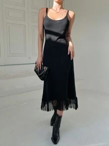 DAZY Fringe Hem Cami Jumper Dress - Black - View 1