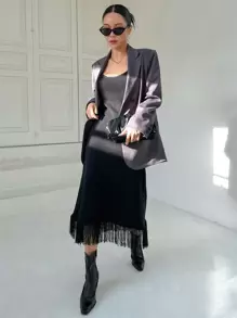 DAZY Fringe Hem Cami Jumper Dress - Black - View 8