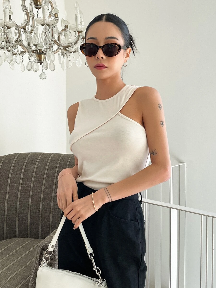 DAZY Solid Asymmetrical Neck Tank Top - Beige - View 1