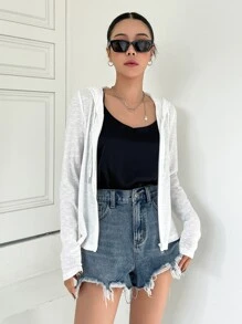 DAZY Solid Zip Up Drawstring Hoodie - White - View 7