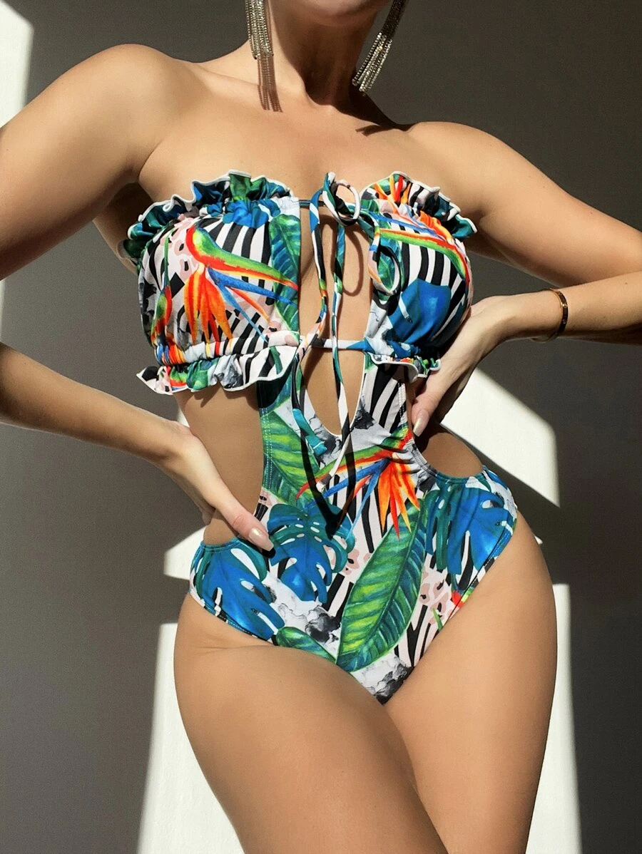熱帶圖案鏤空吊脖連體泳衣 - 彩色 - 查看 1