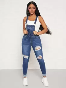 SHEIN SXY Ripped Roll Up Hem Denim Dungarees - Dark Wash - View 4