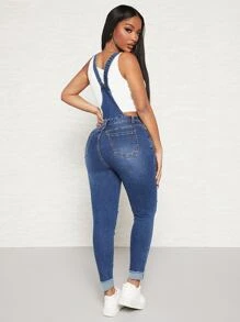 SHEIN SXY Ripped Roll Up Hem Denim Dungarees - Dark Wash - View 2