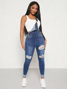 SHEIN SXY Ripped Roll Up Hem Denim Dungarees - Dark Wash - View 1