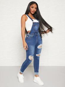 SHEIN SXY Ripped Roll Up Hem Denim Dungarees - Dark Wash - View 3