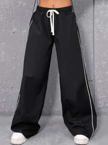 SHEIN Coolane Drawstring Waist Contrast Piping Wide Leg Trousers - Black - View 4