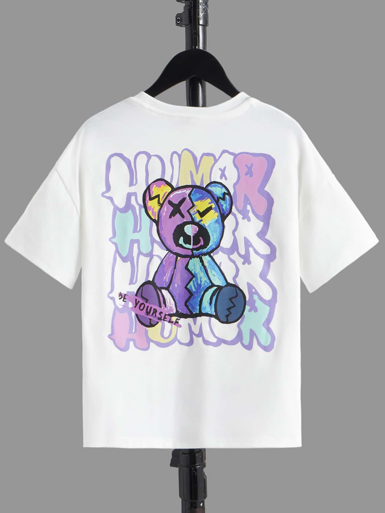 SHEIN Leap Crew 適合青少年男孩夏季的圓領短袖休閒大T卹，印有熊及字母圖案 - 白色 - 查看 1