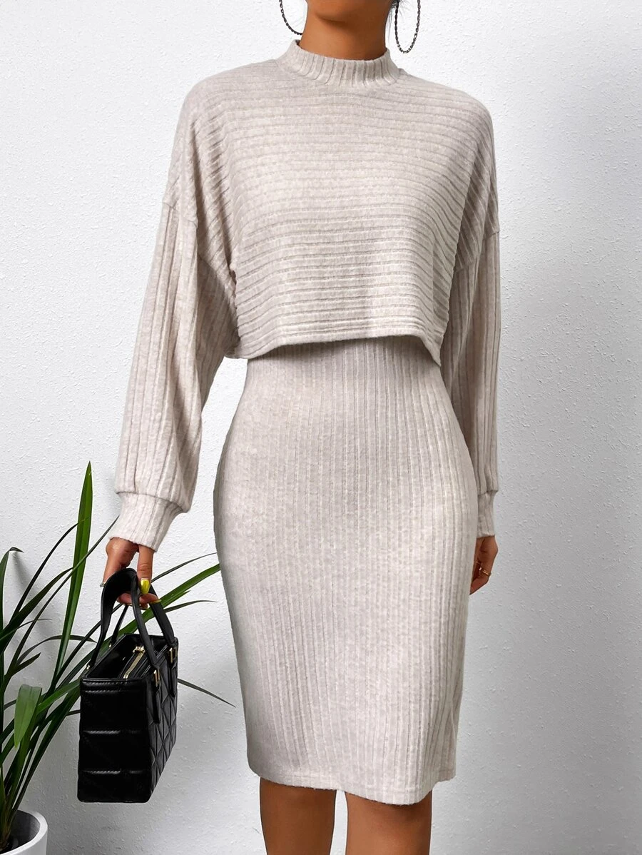 SHEIN Essnce Mock Neck Drop Shoulder Crop Tee & Bodycon Dress - Apricot - View 1