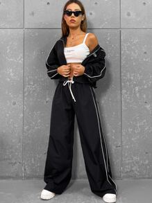 SHEIN Coolane Drawstring Waist Contrast Piping Wide Leg Trousers - Black - View 1