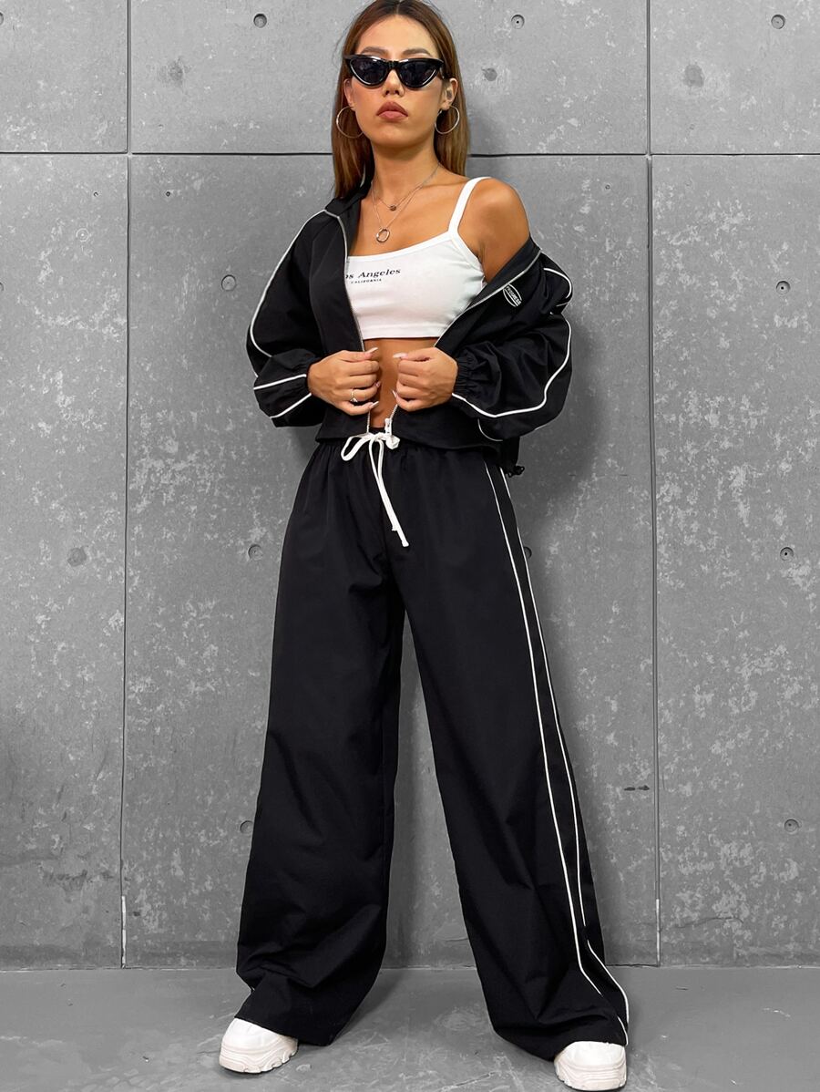 SHEIN Coolane Drawstring Waist Contrast Piping Wide Leg Trousers - Black - View 1