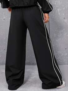 SHEIN Coolane Drawstring Waist Contrast Piping Wide Leg Trousers - Black - View 3