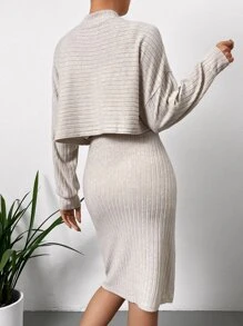 SHEIN Essnce Mock Neck Drop Shoulder Crop Tee & Bodycon Dress - Apricot - View 3