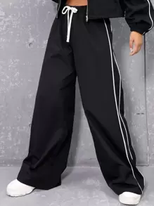 SHEIN Coolane Drawstring Waist Contrast Piping Wide Leg Trousers - Black - View 2