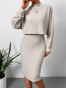 SHEIN Essnce Mock Neck Drop Shoulder Crop Tee & Bodycon Dress - Apricot - View 4