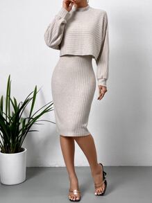SHEIN Essnce Mock Neck Drop Shoulder Crop Tee & Bodycon Dress - Apricot - View 5