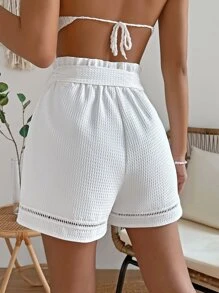 SHEIN VCAY Paperbag Waist Belted Eyelet Detail Shorts - White - View 2