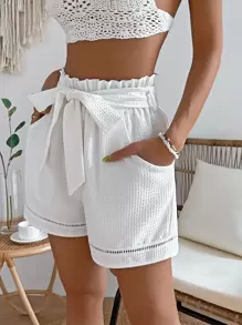 SHEIN VCAY Paperbag Waist Belted Eyelet Detail Shorts - White - View 5