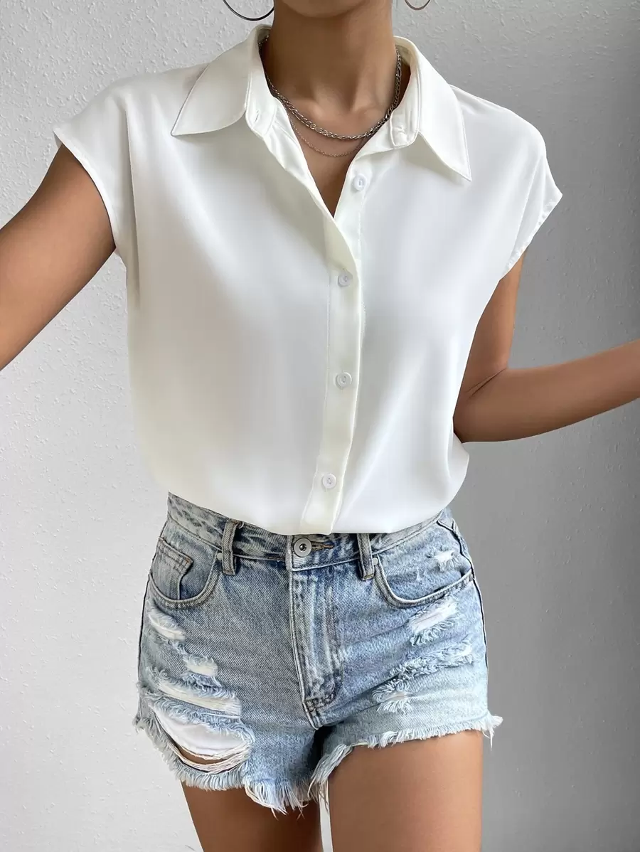 SHEIN Frenchy 素色前紐扣蝙蝠袖襯衫 - 白色 - 查看 1